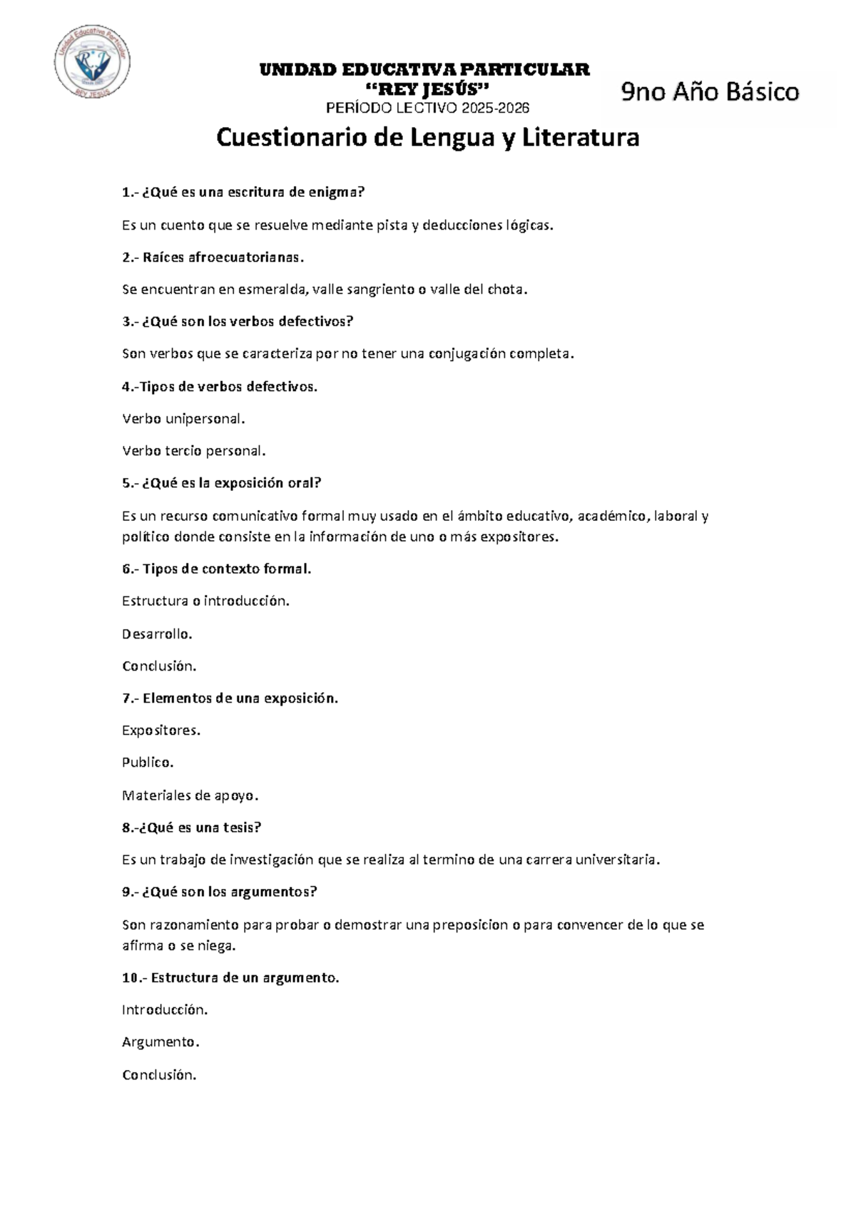 Cuestionario de Lengua y Literatura 9no Año Básico - Studocu