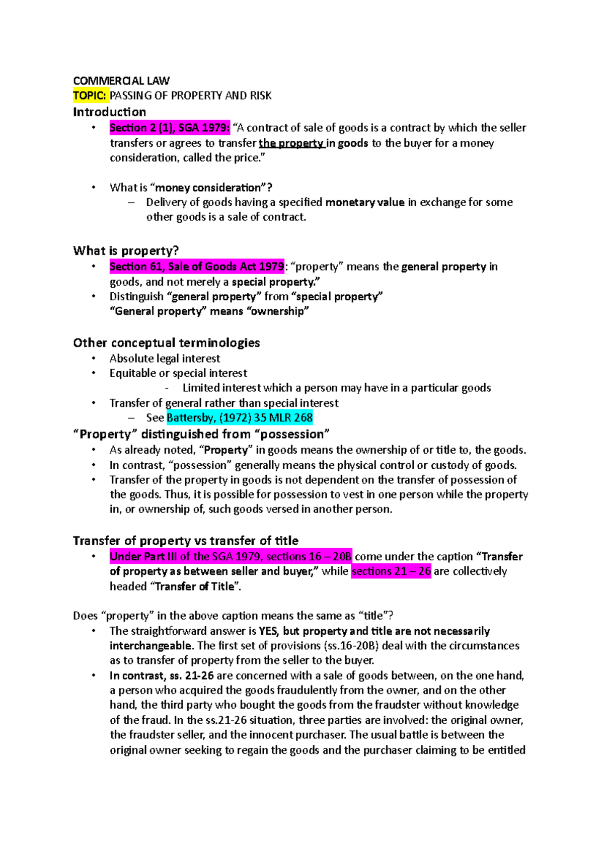 Lecture 3 - Passing of Property and Risk in Commercial Law - Studocu