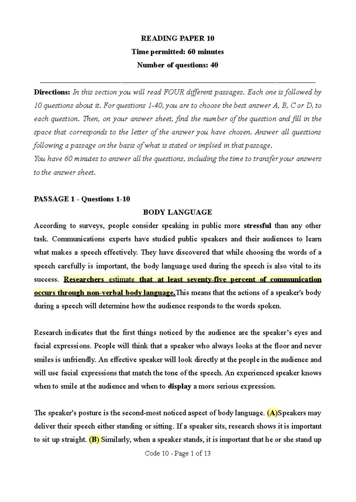 TEST 10: Reading Comprehension Practice with Passages and Questions ...