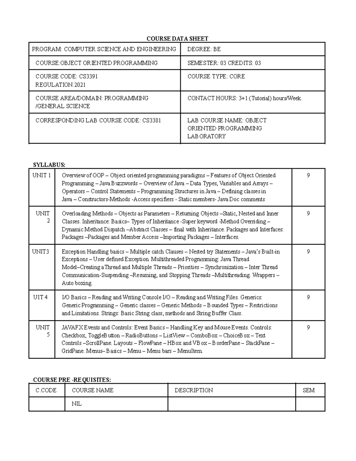 Course Data Sheet: CS3391 Object Oriented Programming Overview - Studocu