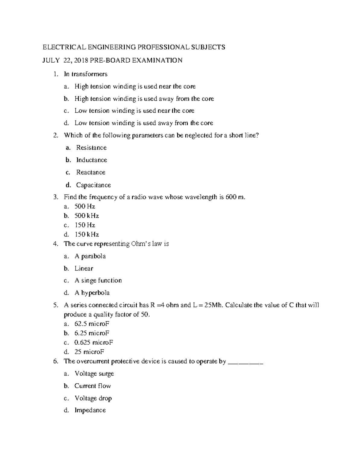 JULY 2018 PRE Board EXAM EE - ELECTRICAL ENGINEERING PROFESSIONAL ...