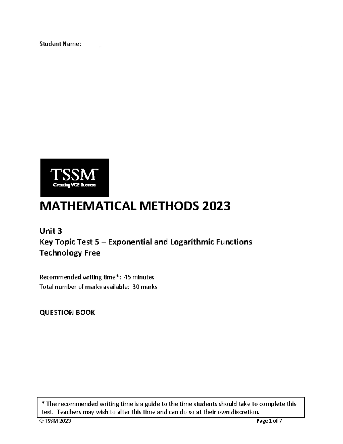 Maths Methods 2023 Unit 3 Key Topic Test 6 - Exponential & Logarithmic ...