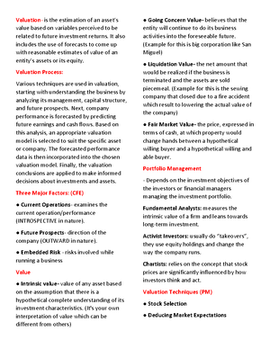 Quiz Valuation - Identification 1. The value of an asset based on the ...