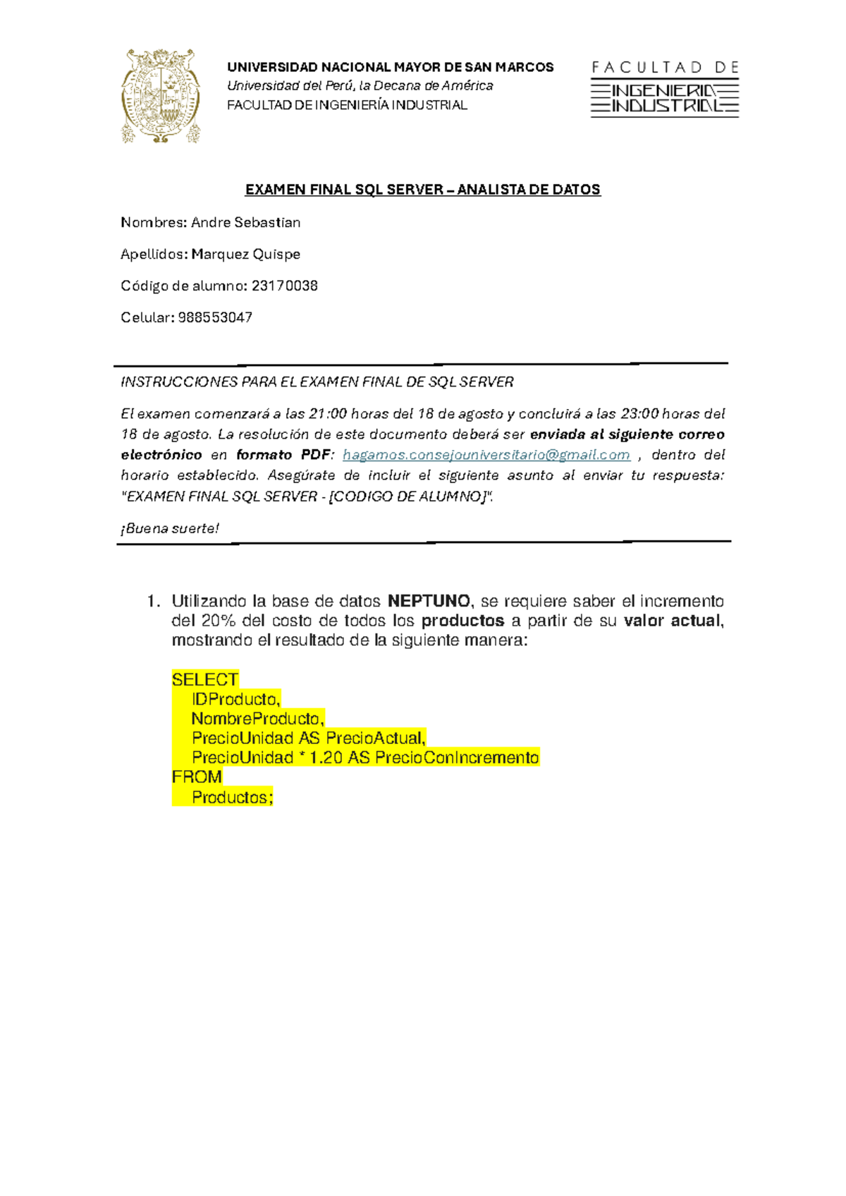 Examen Final de SQL Server - Analista de Datos 23170038 - Studocu