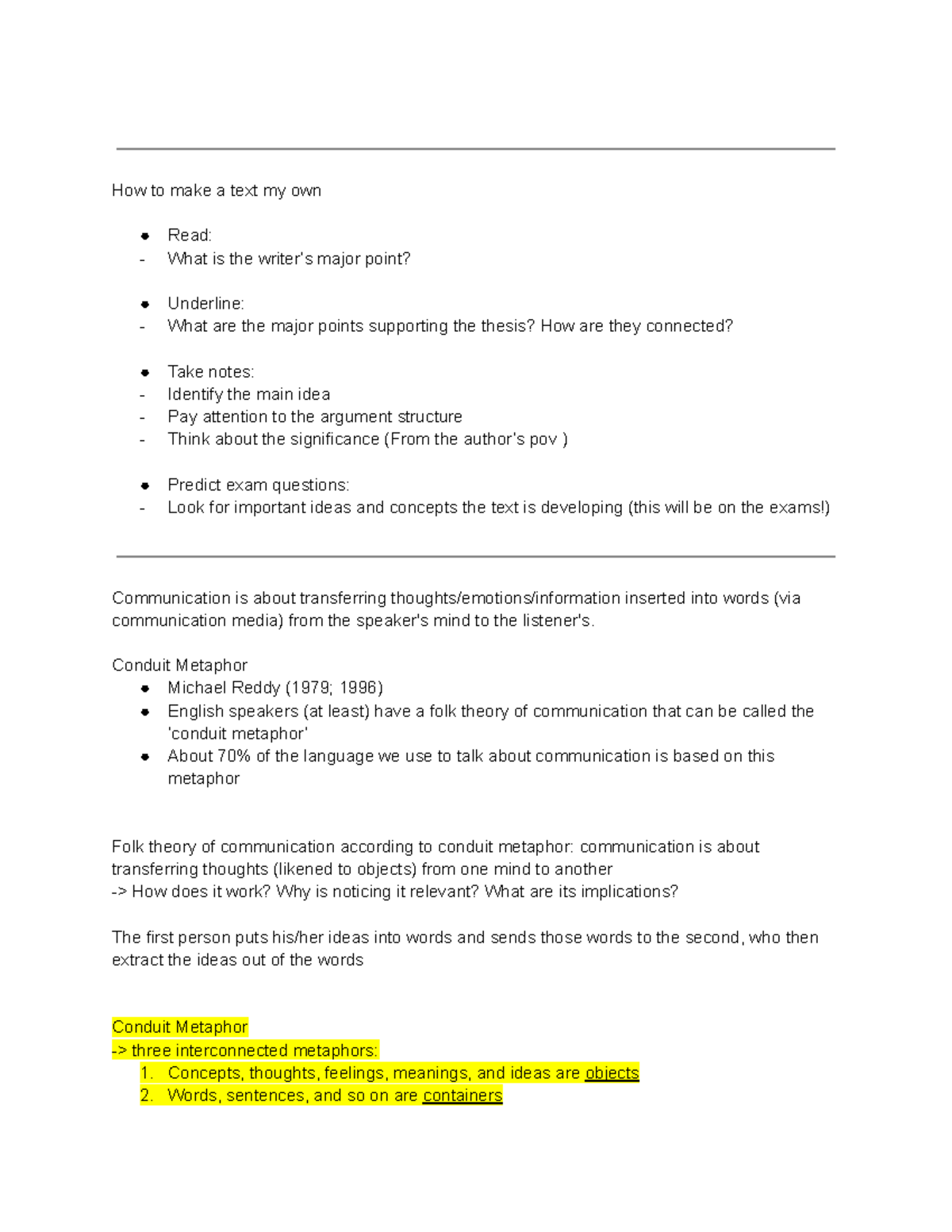 COMM10 Midterm 1 Study Notes on Conduit Metaphor in Communication - Studocu