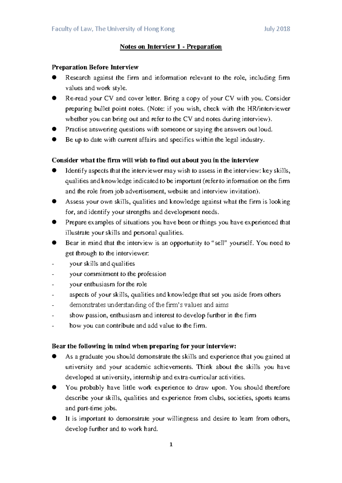Notes on Interview Preparation for Law Students - July 2018 - Studocu