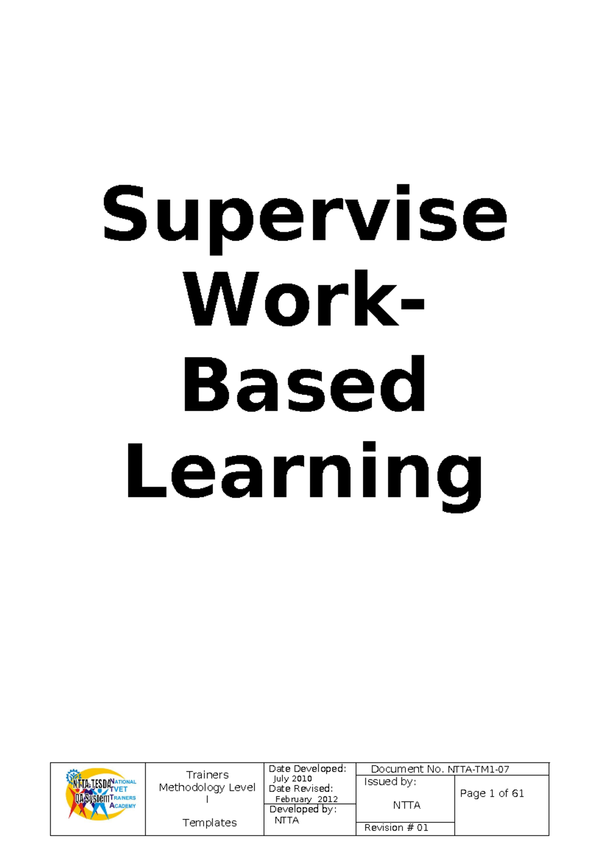 SWBL - Trainers Methodology Level I Templates Documentation - Studocu