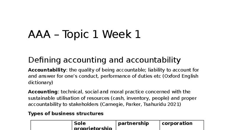 Topic 1, Week 1 - Accounting and Accountability Overview - Studocu