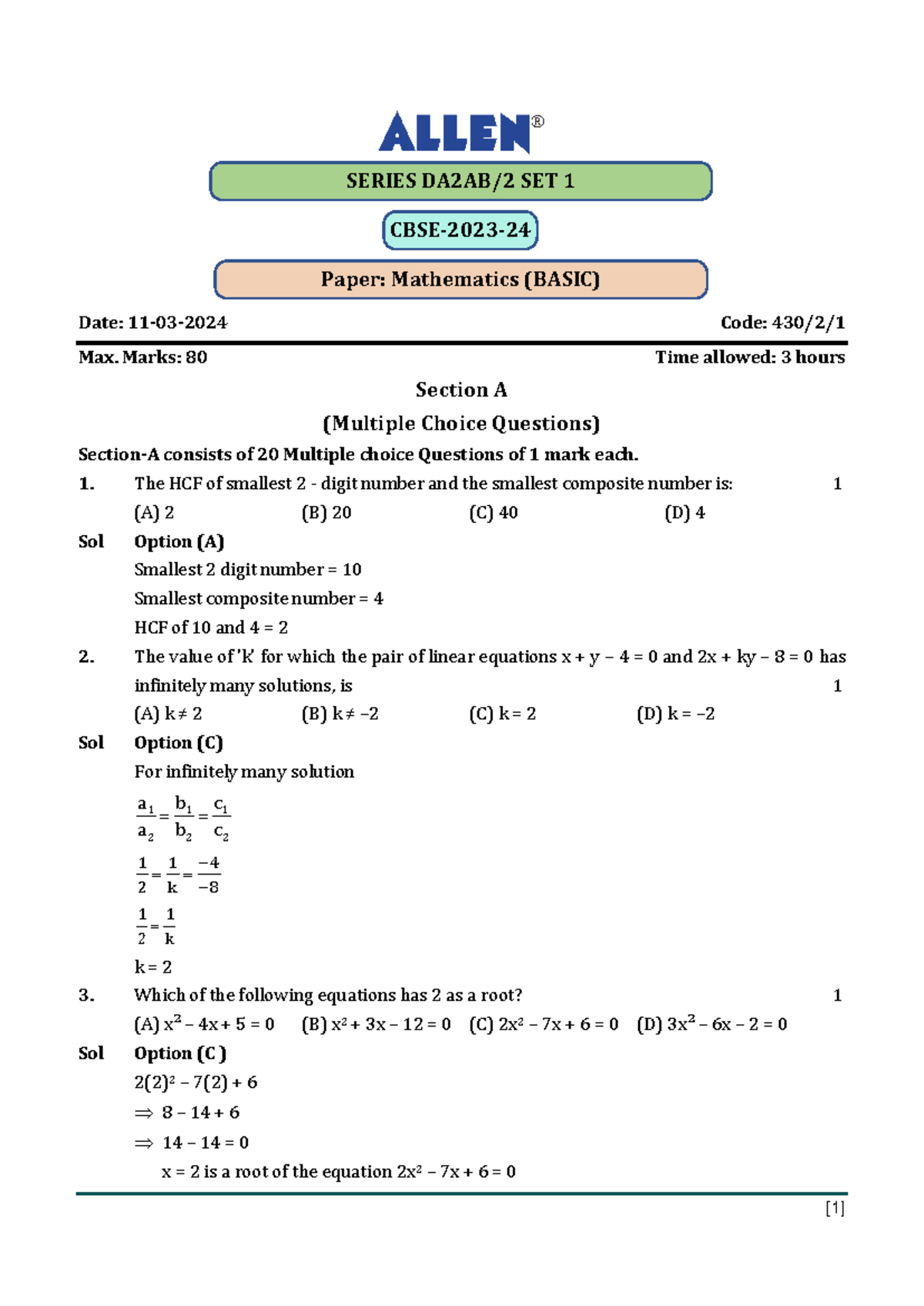 Mathematics Board Paper: Basic (BASIC) Set 1 Solutions 2023-24 - Studocu
