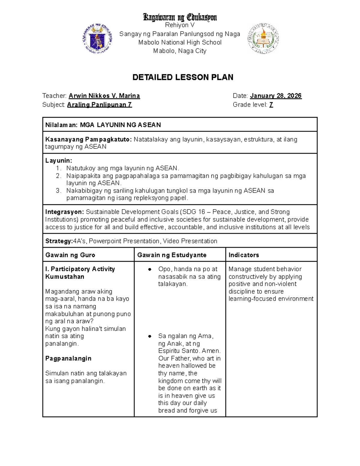 AP 7 Detailed Lesson Plan on ASEAN Objectives and Principles - Studocu