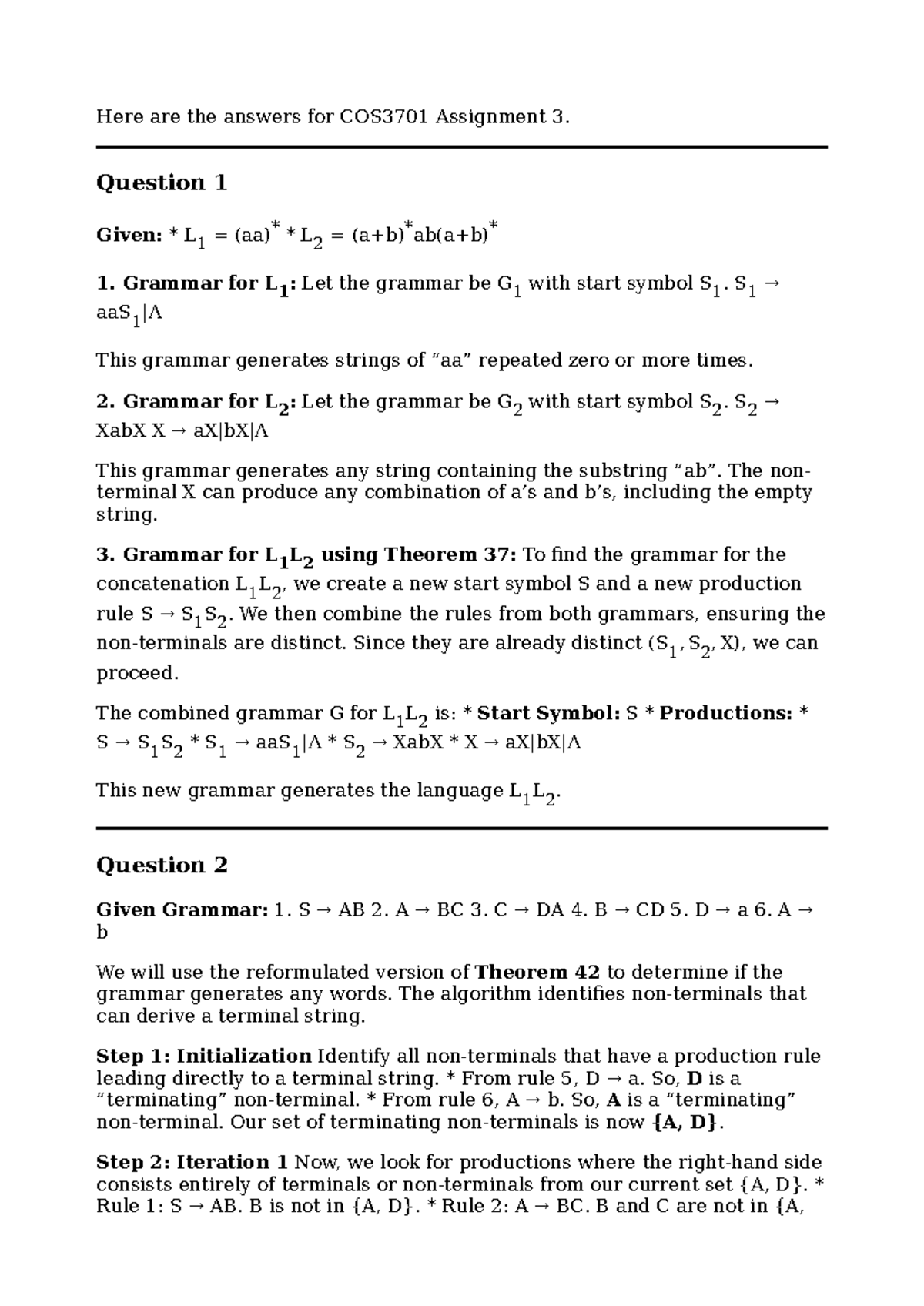 COS3701 Assignment 3 Solutions and Grammar Analysis - Studocu