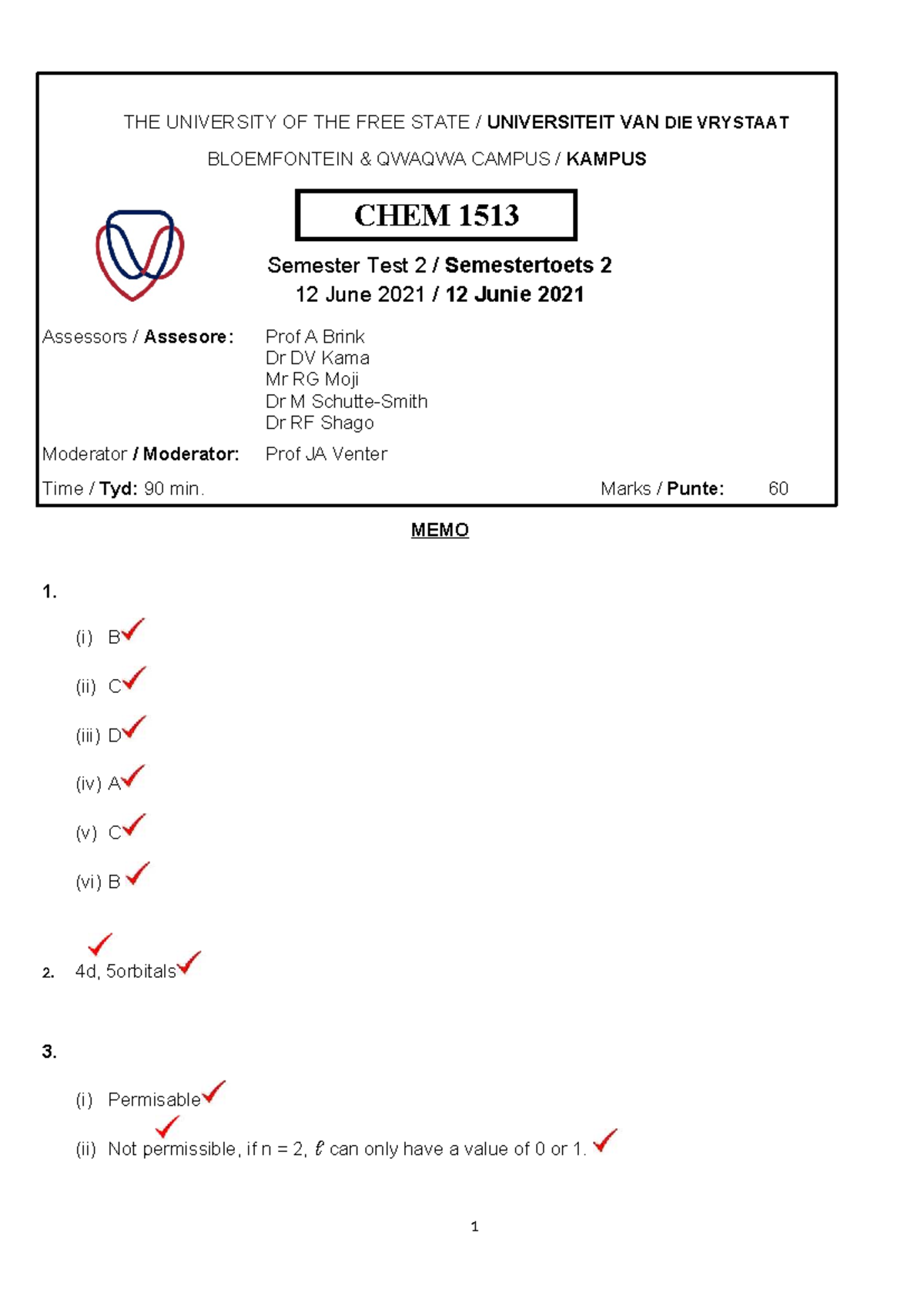 CHEM 1513 Semester Test 2 - 2021 Memo and Solutions - Studocu