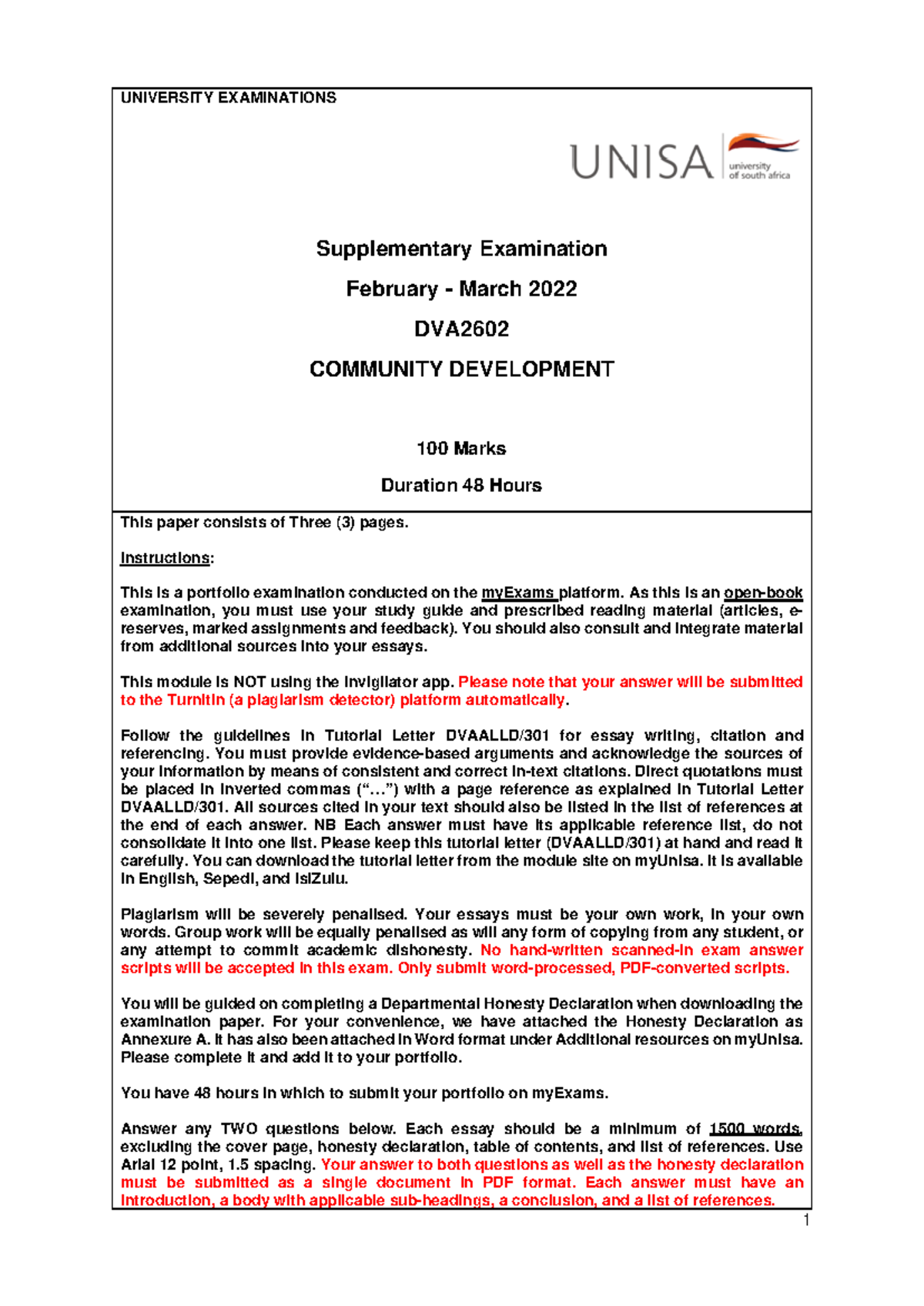 DVA2602 Feb - Mar 2022 Supplementary Exam Guidelines & Questions - Studocu