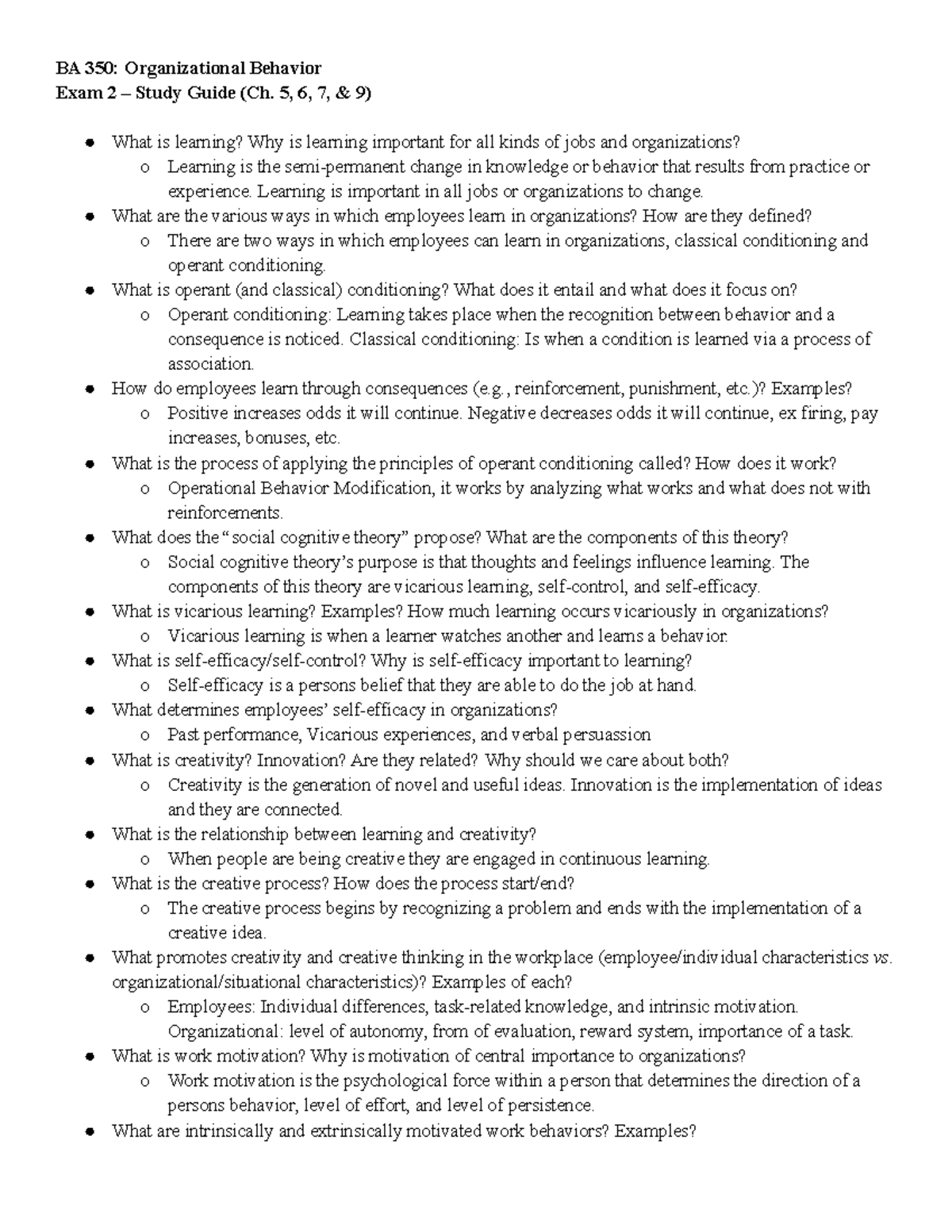 2019 BA350 Organizational Behavior Exam 2 Study Guide: Key Concepts ...
