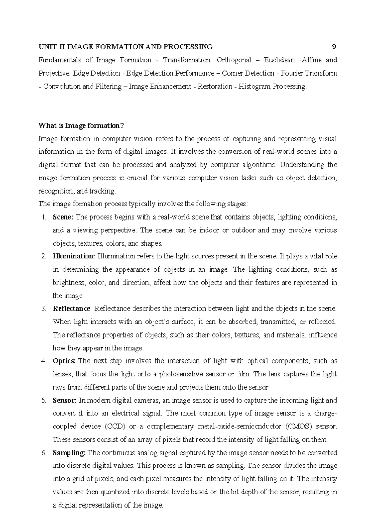 CV Lecture Notes 1: Image Formation & Processing Fundamentals - Studocu