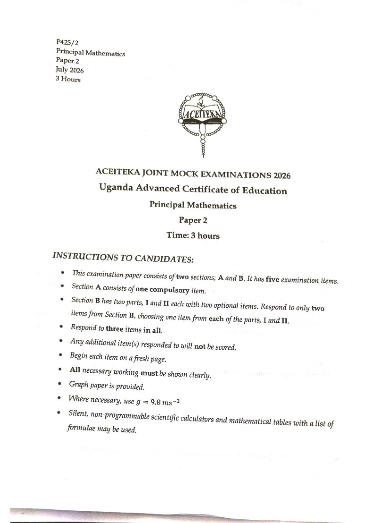 ACEITEKA UACE MTC P2 Joint Mock Exam July 2026 - Principal Mathematics ...