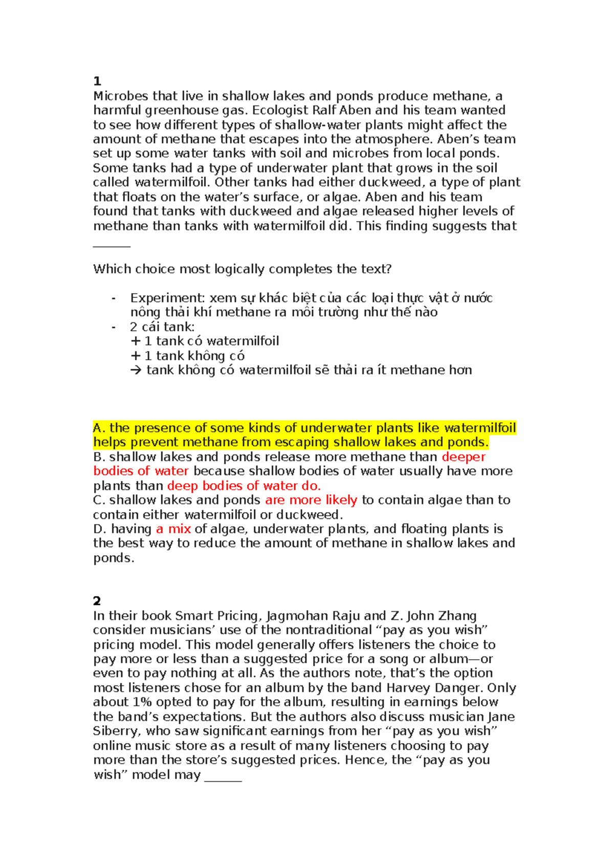 Inferences Practice Questions - 1 Microbes that live in shallow lakes ...