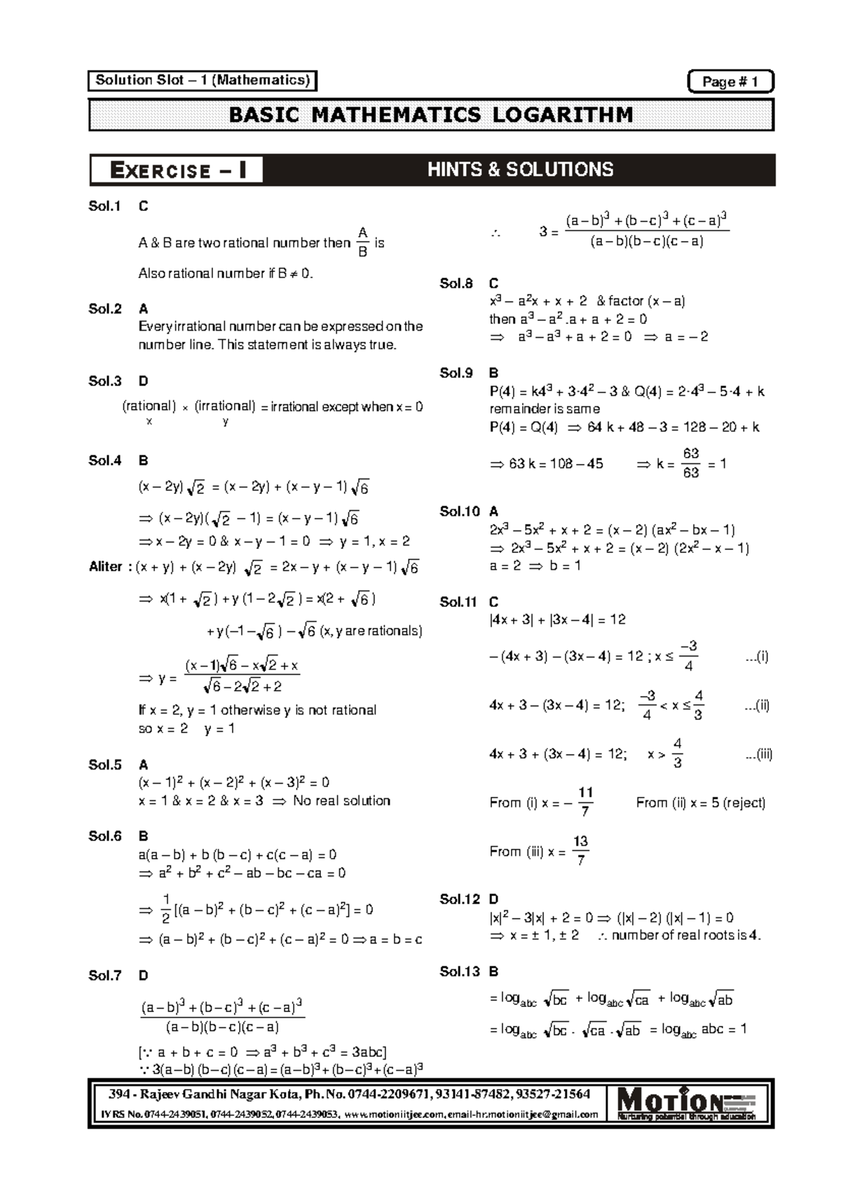 Answer Key Basic Maths Logarithm - 394 - Rajeev Gandhi Nagar Kota, Ph ...