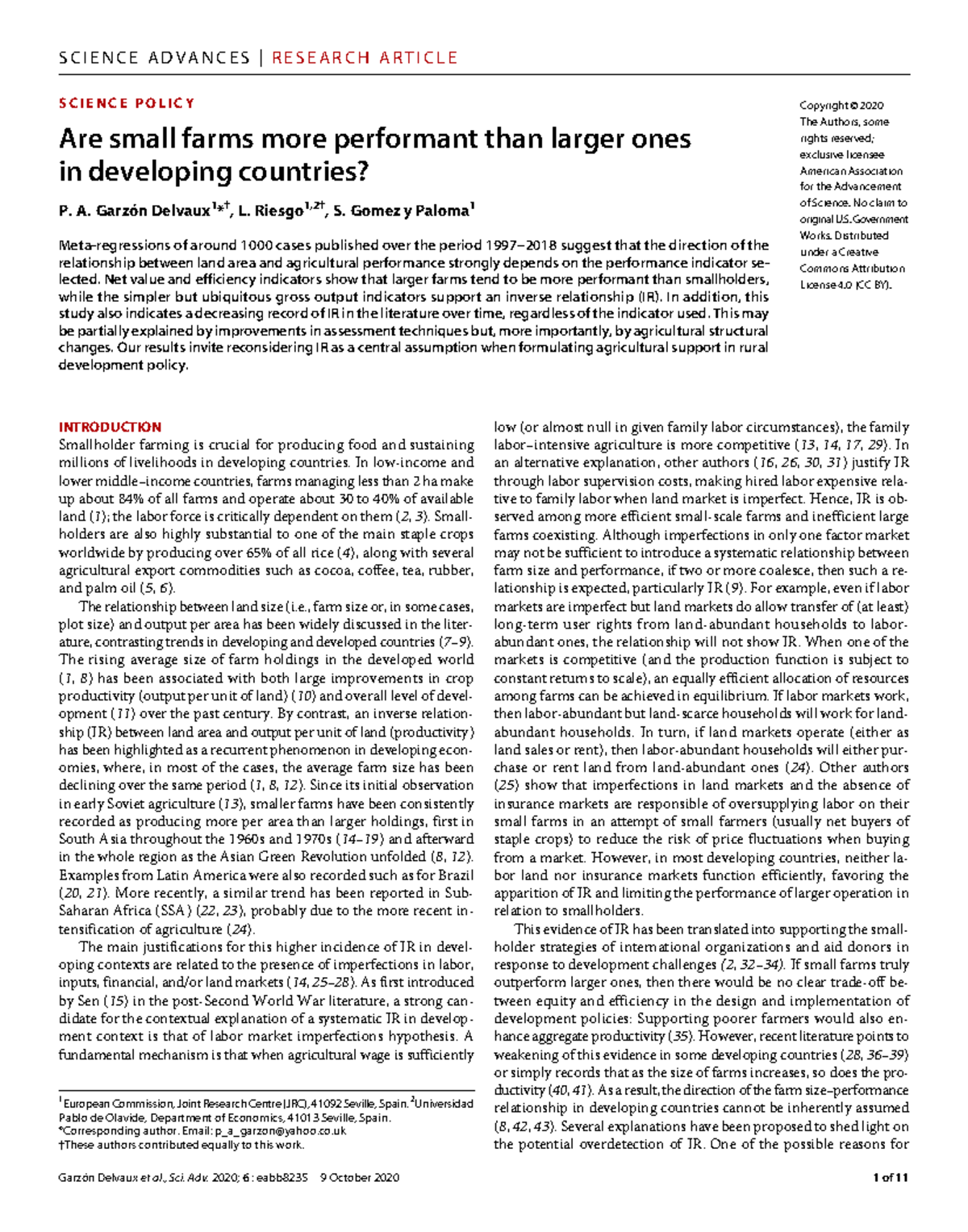 SCIENCE ADVANCES RESEARCH ARTICLE: Efficiency of Small vs. Large Farms ...