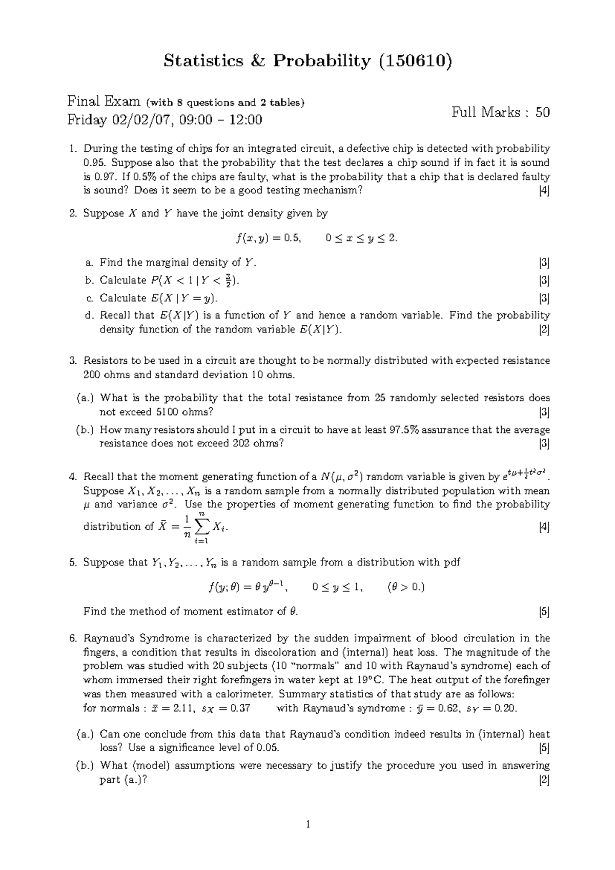 Statistics & Probability 150610: Final Exam Overview and Problems ...