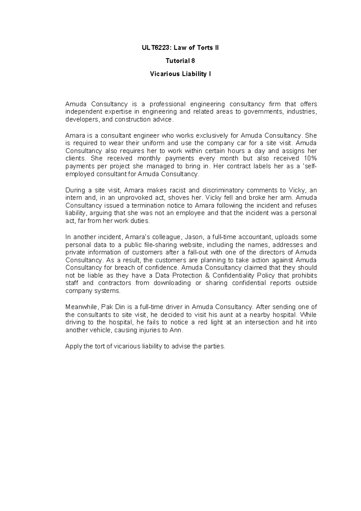 ULT6223: Law of Torts II Tutorial 8 - Vicarious Liability Analysis ...