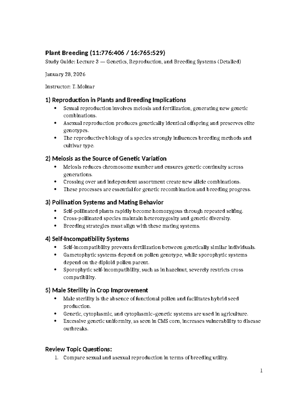 Plant Breeding (11:776:406 16:765:529) Lecture 3 Study Guide: Genetics ...