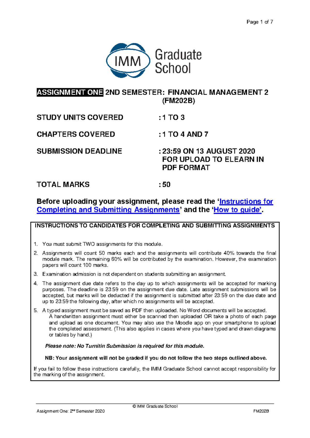 FM202B Assignment 1 Question Paper 2 2020 BB moderated - © IMM Graduate ...
