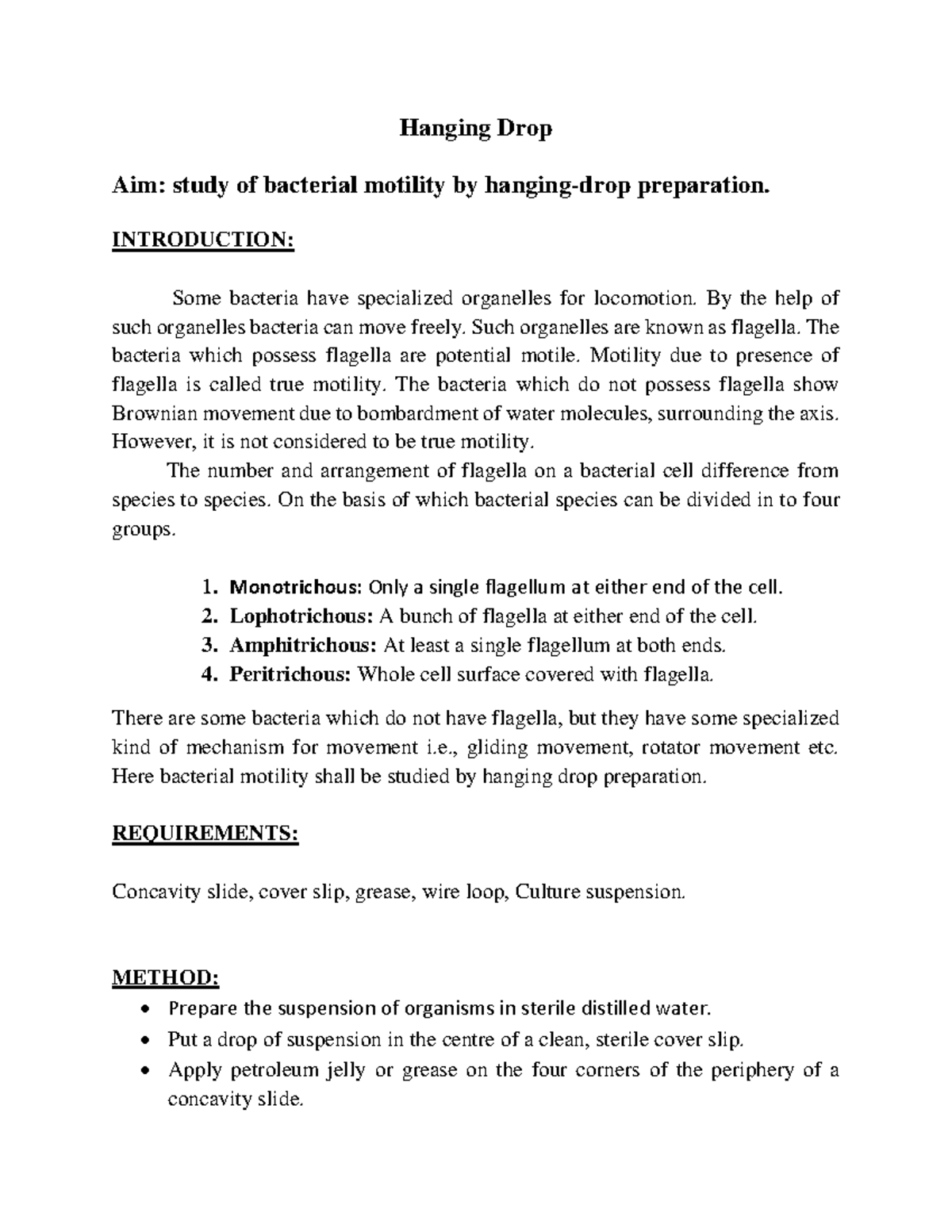 Hanging Drop - Hanging Drop Aim: study of bacterial motility by hanging ...