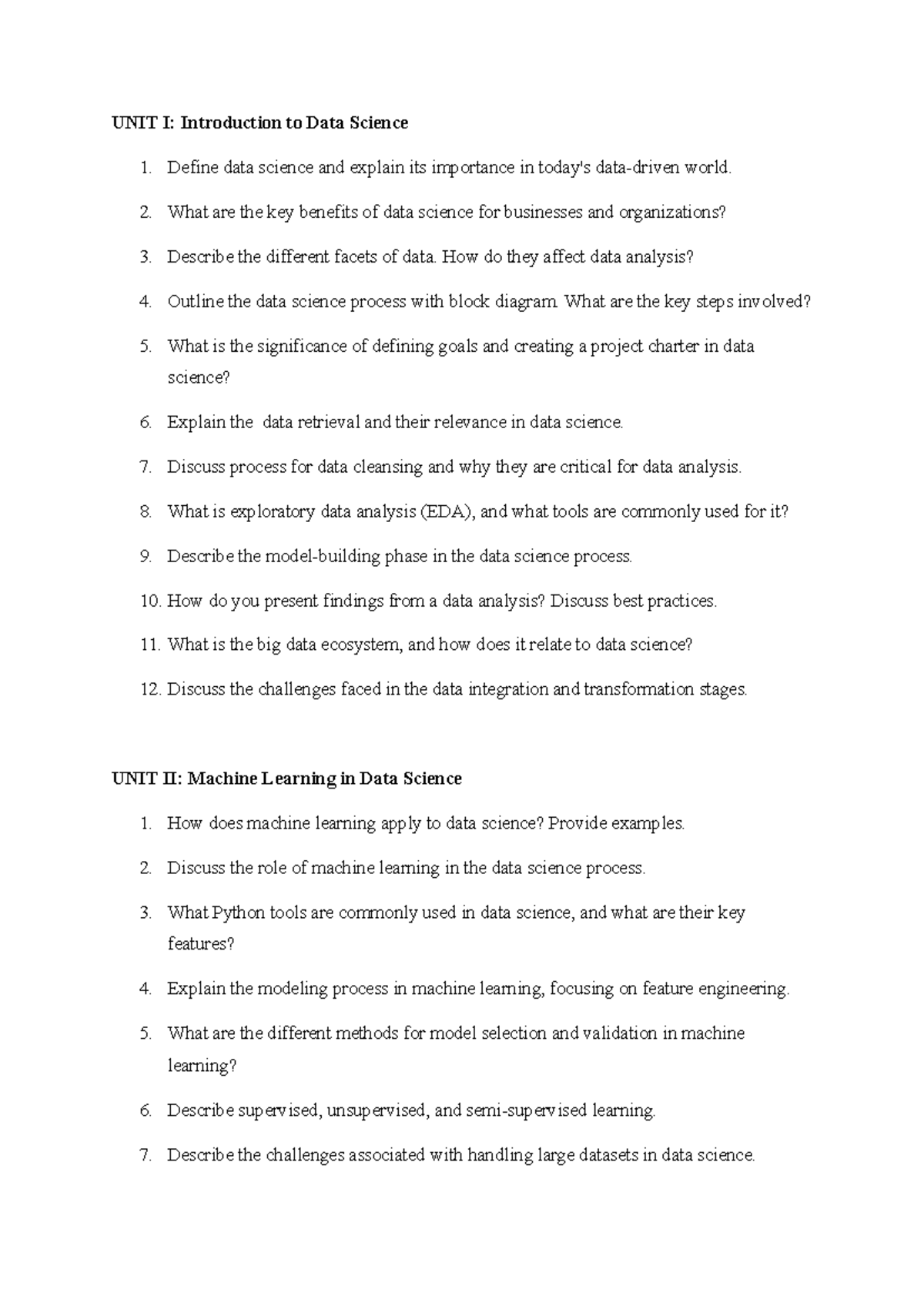 Data Science Question Bank and Machine Learning Overview (Unit I & II ...