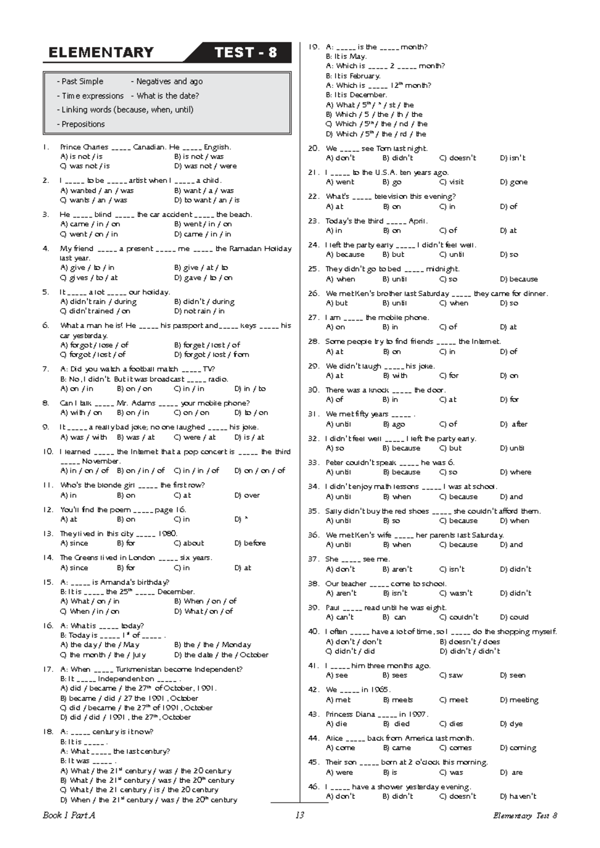 ELEMENTARY Past Simple TEST 8 - English Test Document - Studocu