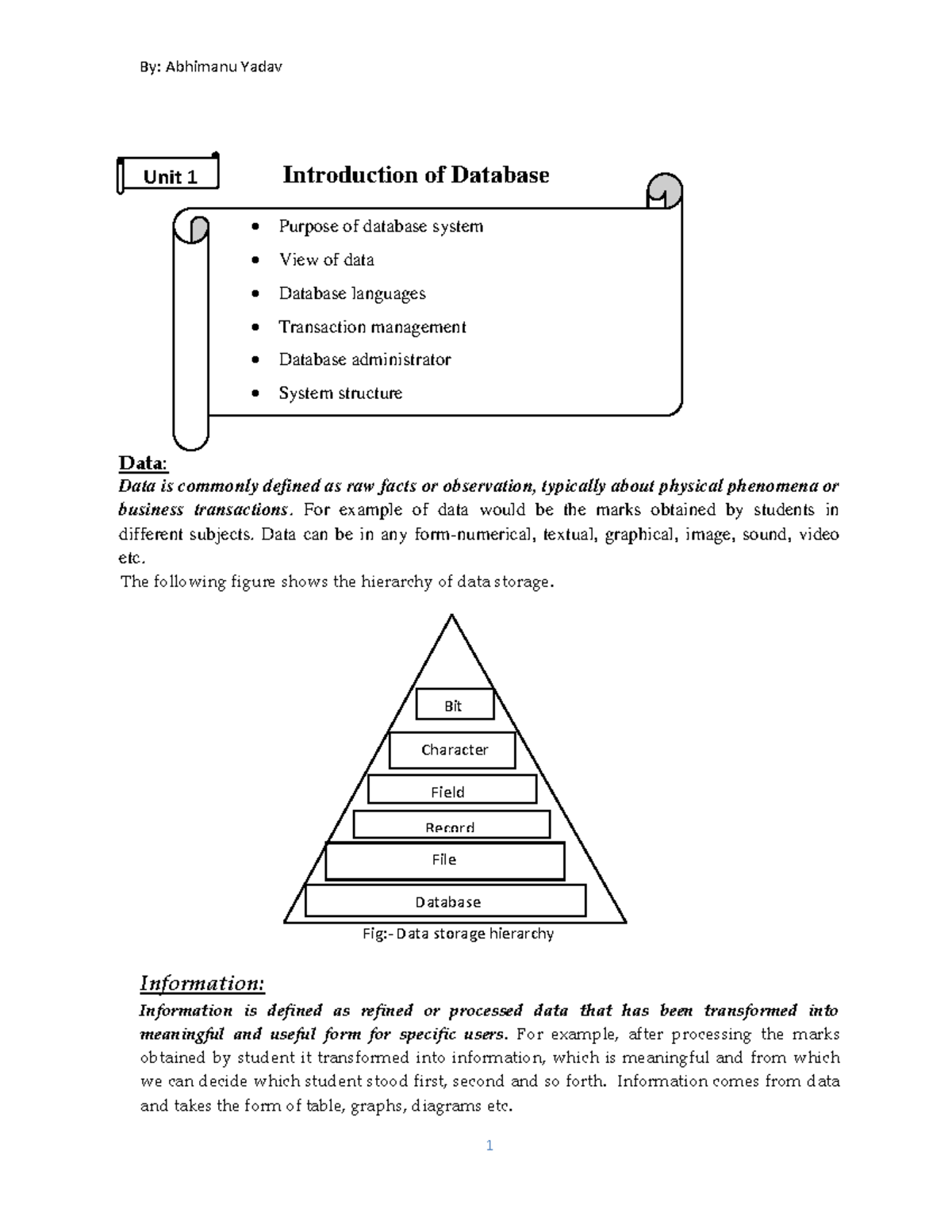 2nd Sem DBMS Reference - Unit 1: Introduction to Database Systems - Studocu