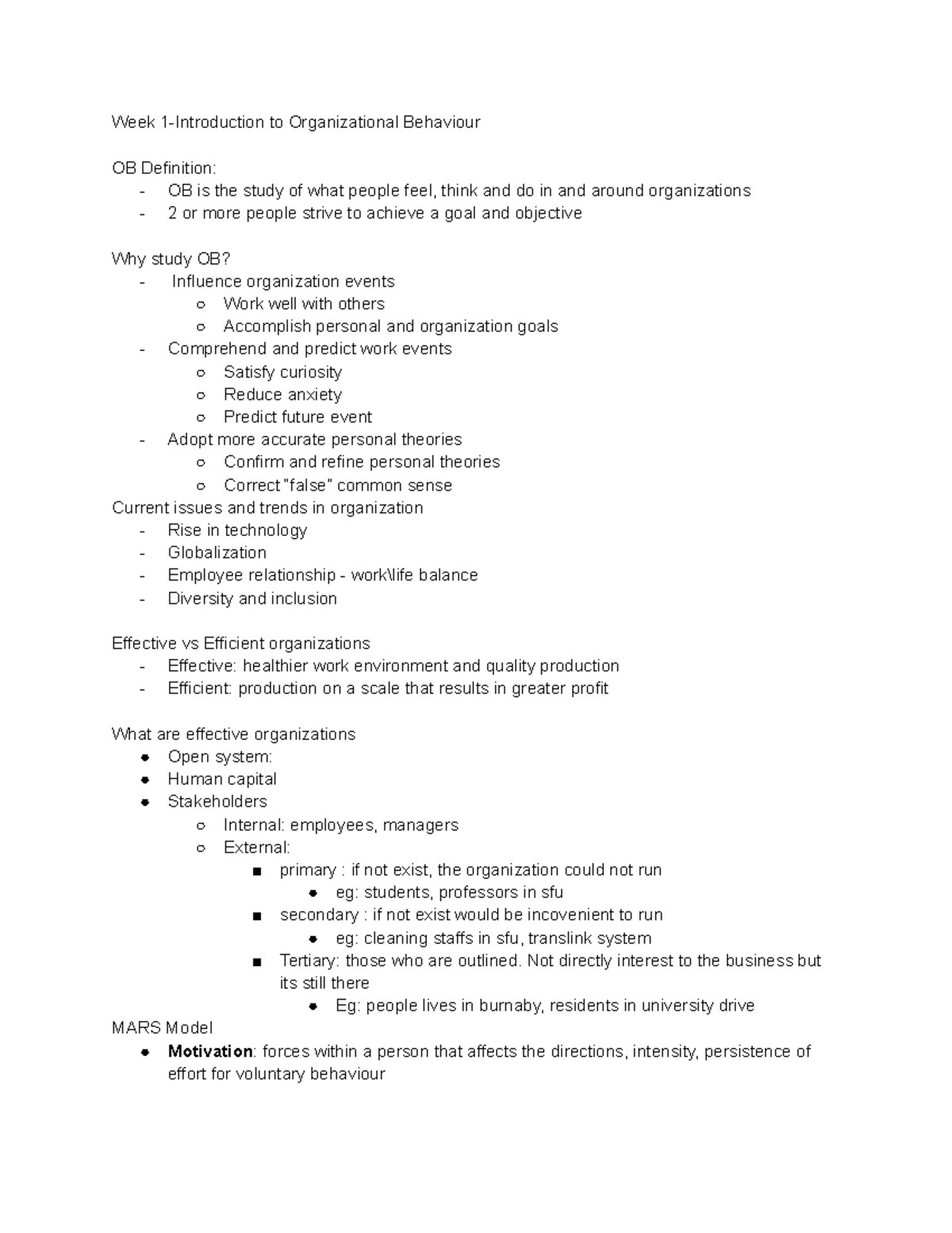 Bus 272 - Week 1 & 3 Class Notes on Organizational Behaviour - Studocu