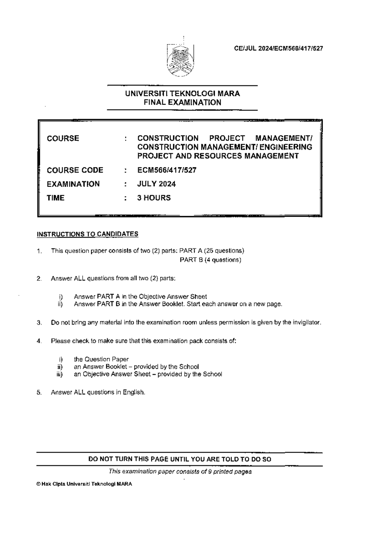 ECM566-JULY 2024 - FINAL EXAMINATION IN CONSTRUCTION PROJECT MANAGEMENT ...