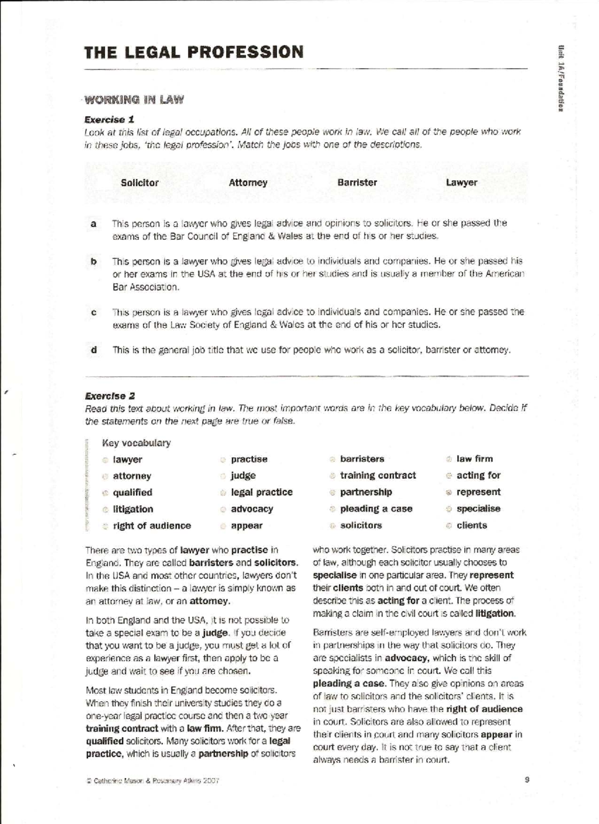 Legal Professions in Law: Unit Exercise 1 & 2 Insights - Studocu