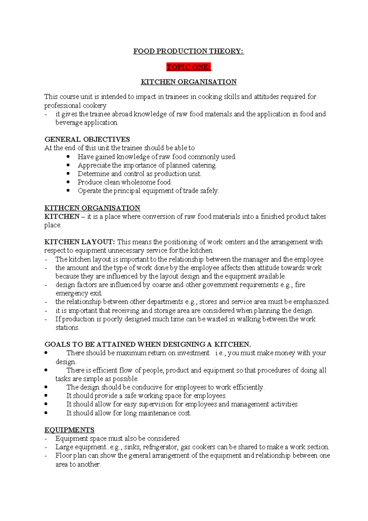 FOOD PRODUCTION NOTES: MODULE 1 - KITCHEN ORGANISATION & HYGIENE - Studocu