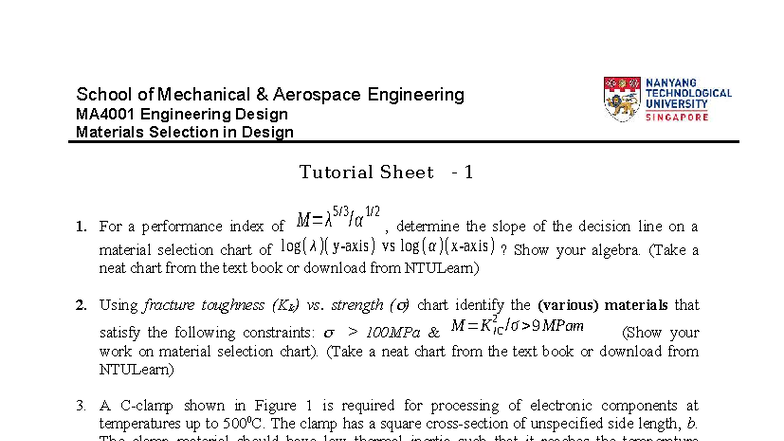 MA4001 Engineering Design: Material Selection Tutorial 1 - Studocu