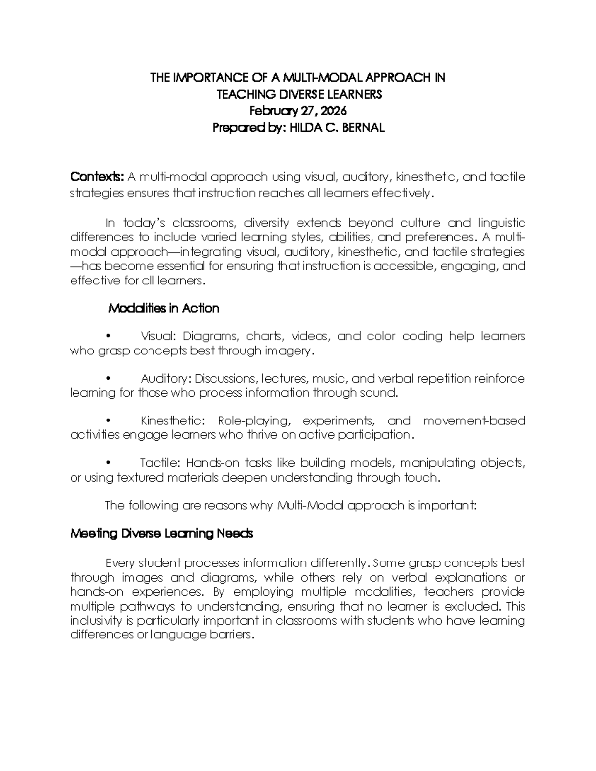 Assignment - Multi Modal Approach for Diverse Learners - Studocu