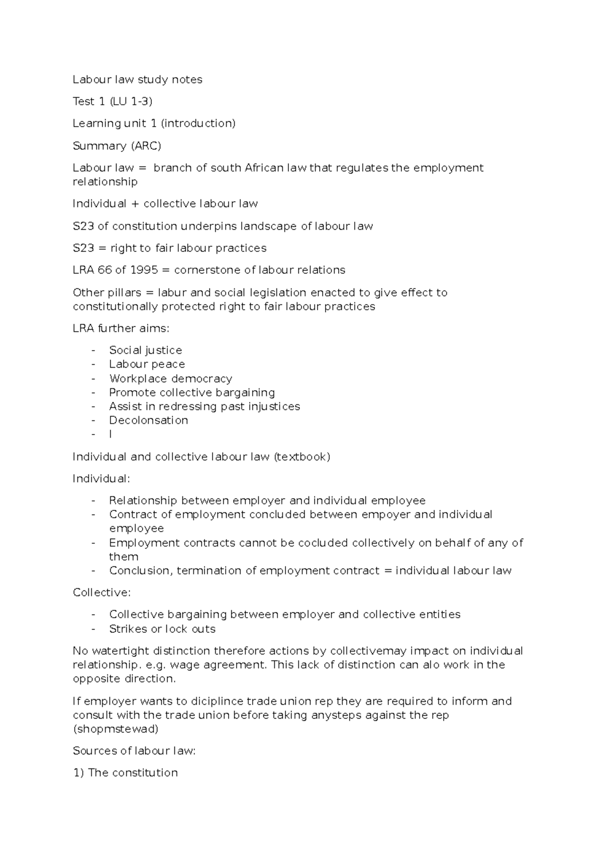 Labour Law Study Notes: Test 1 (LU Learning Unit 1 Summary) - Studocu