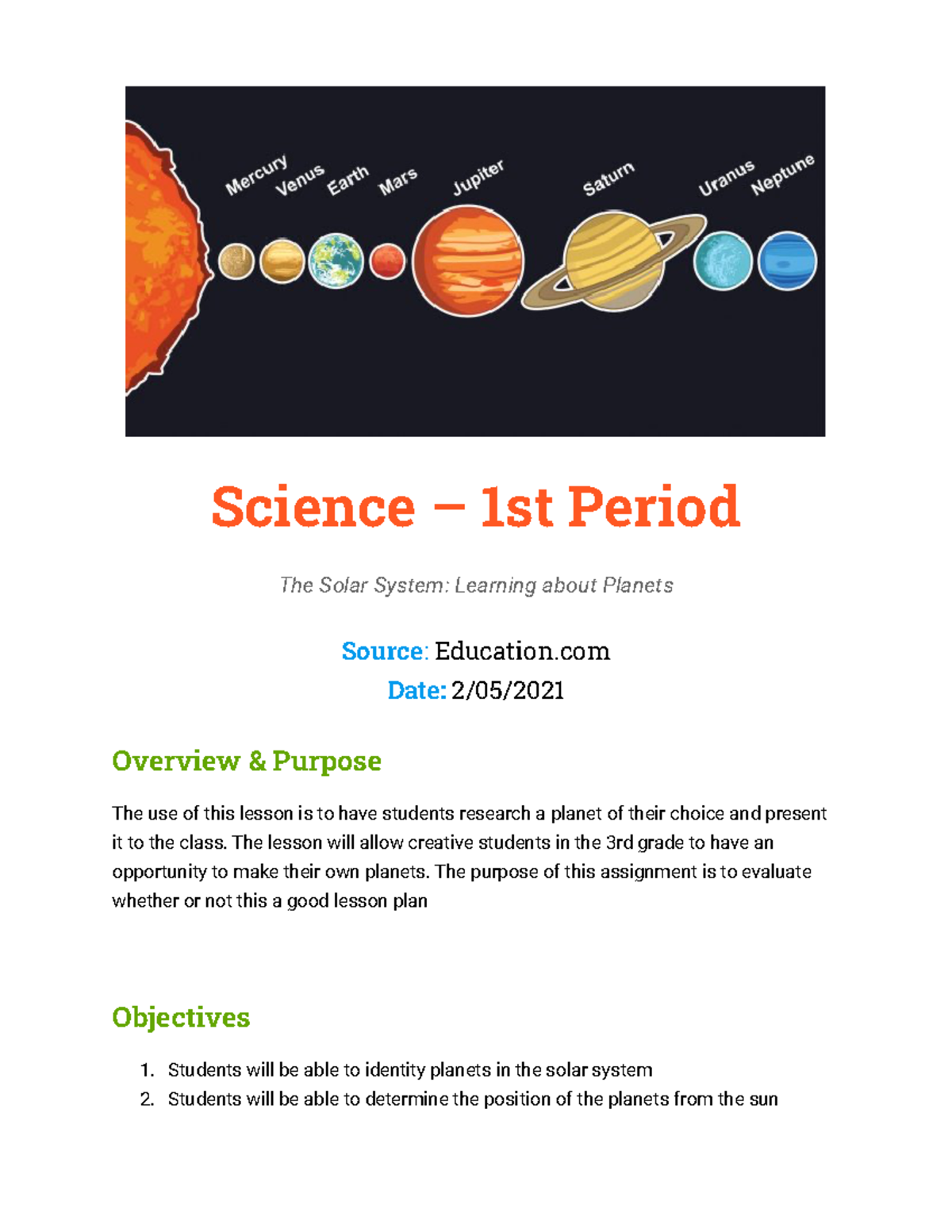 3rd Grade Science Lesson Plan: Exploring the Solar System - Studocu