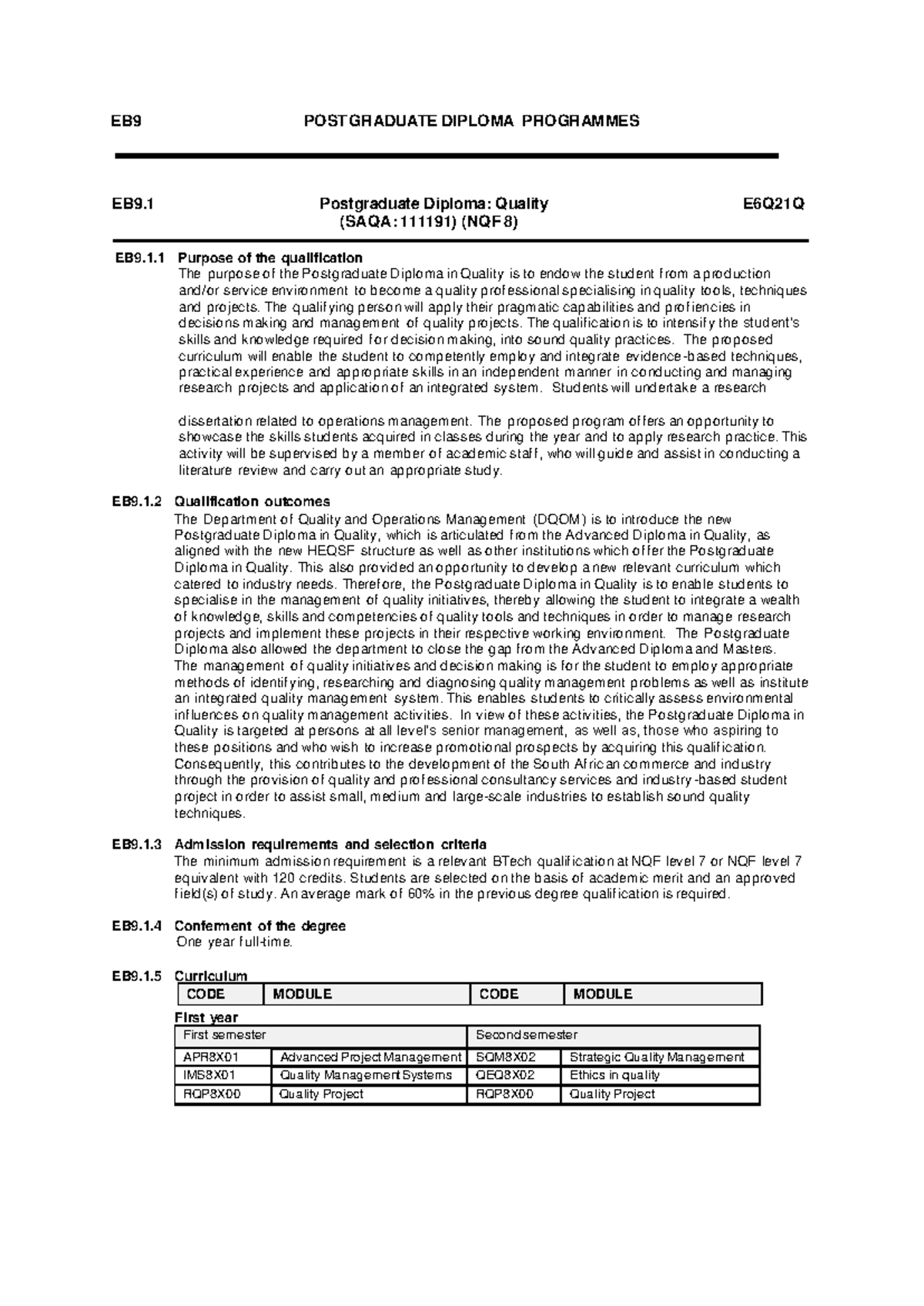 Postgraduate Diploma in Quality (EB9) Overview and Curriculum Details ...