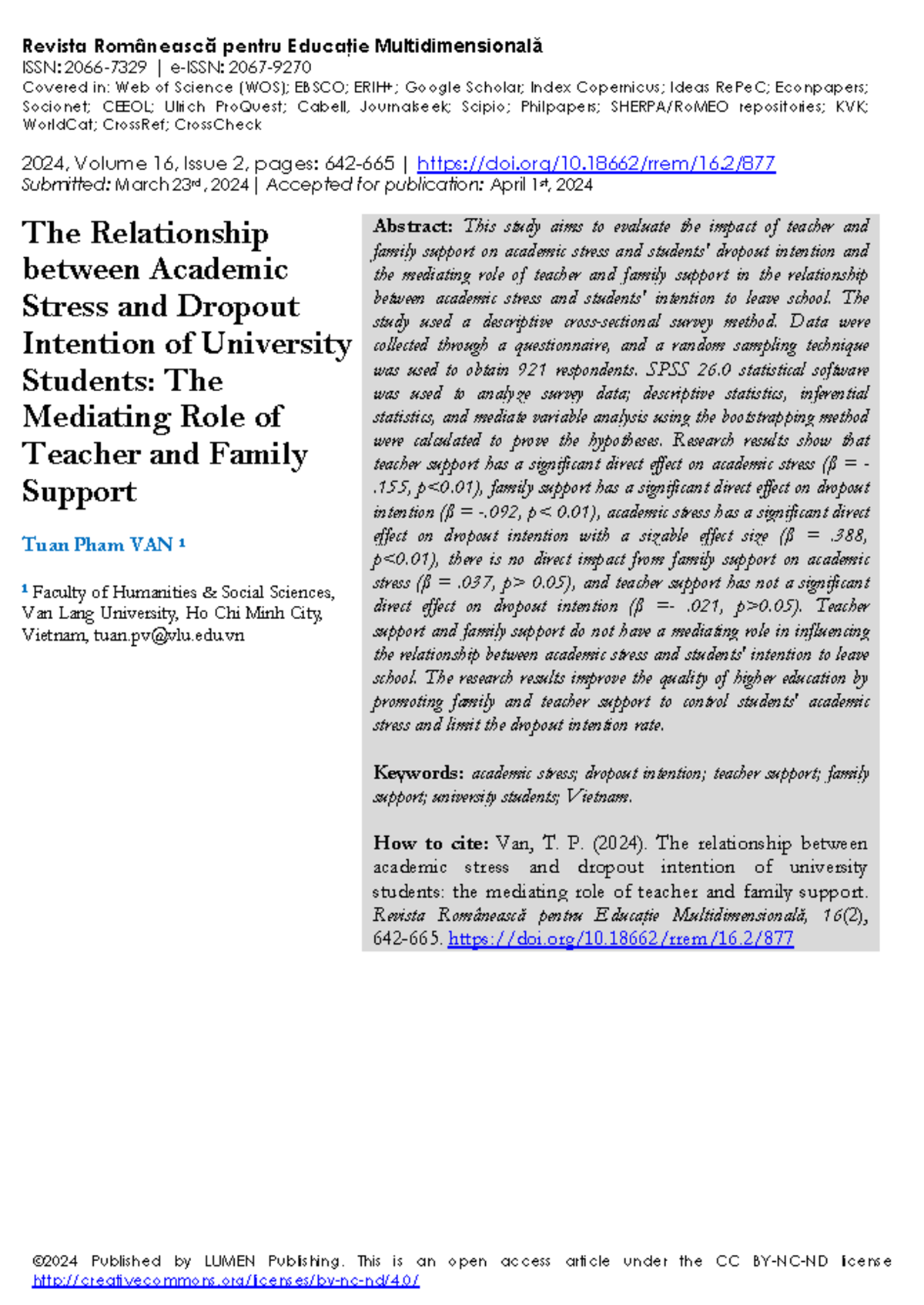 RREM 16(2): The Impact of Teacher & Family Support on Academic Stress ...