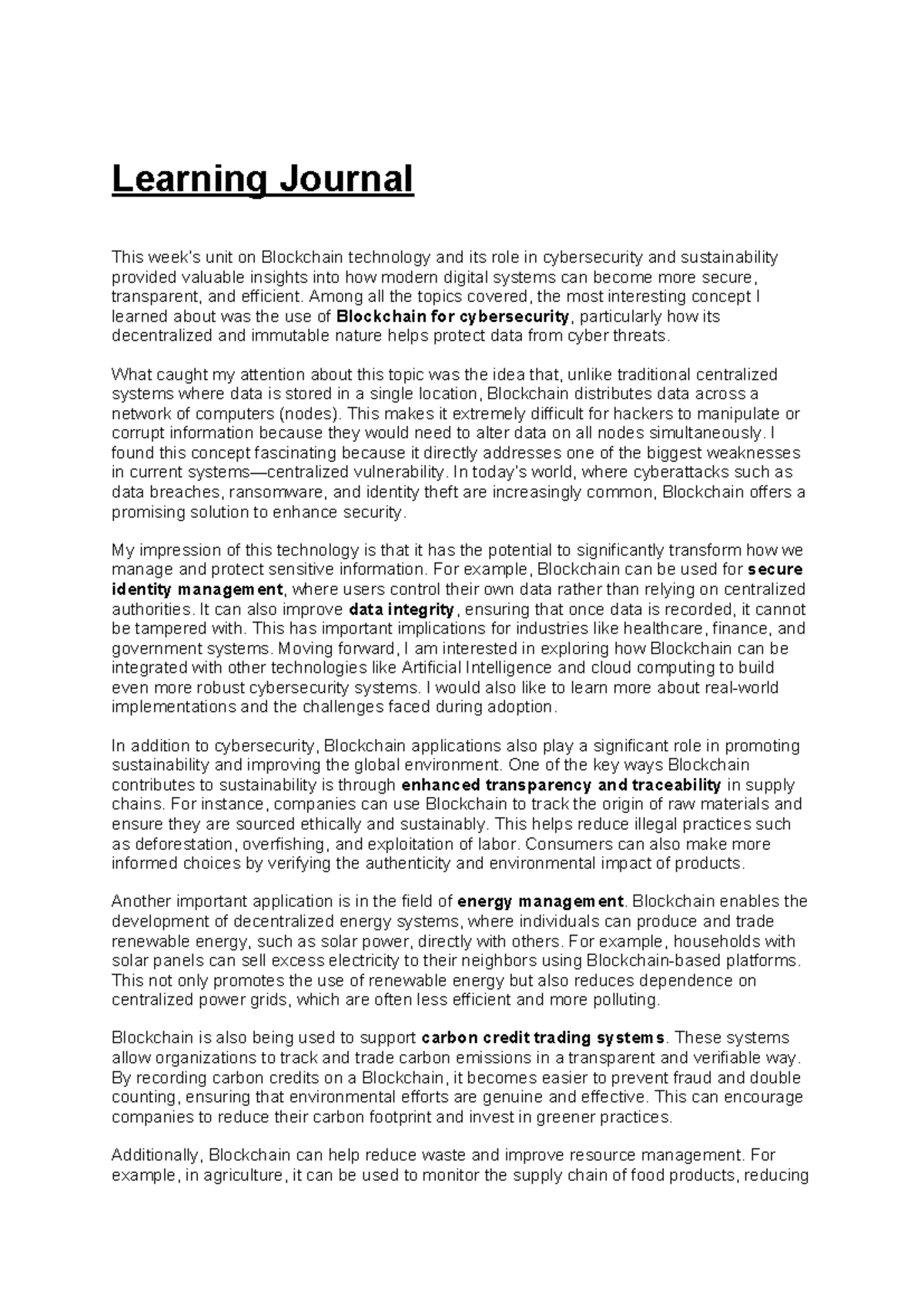Learning Journal: Blockchain in Cybersecurity & Sustainability - Studocu