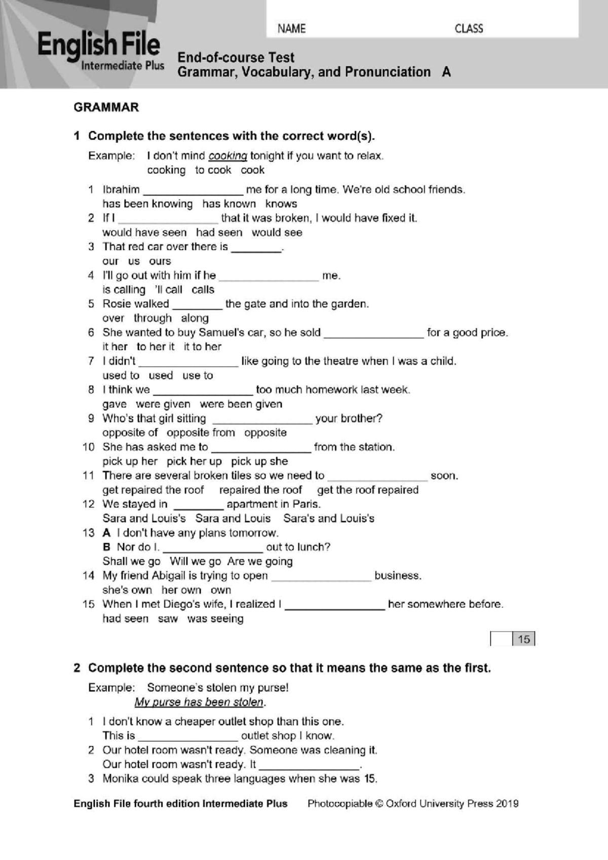 English File Intermediate Plus Test A: Grammar, Vocabulary, and ...