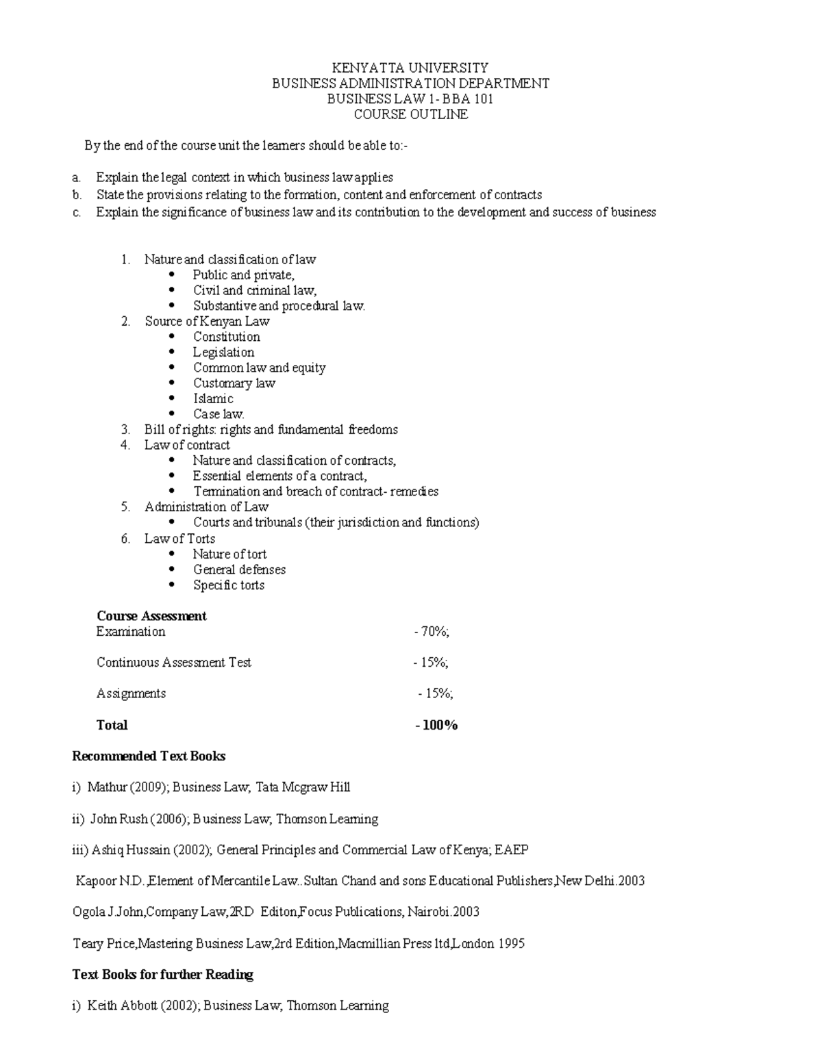BBA 101 - Business Law Course Outline and Learning Objectives - Studocu