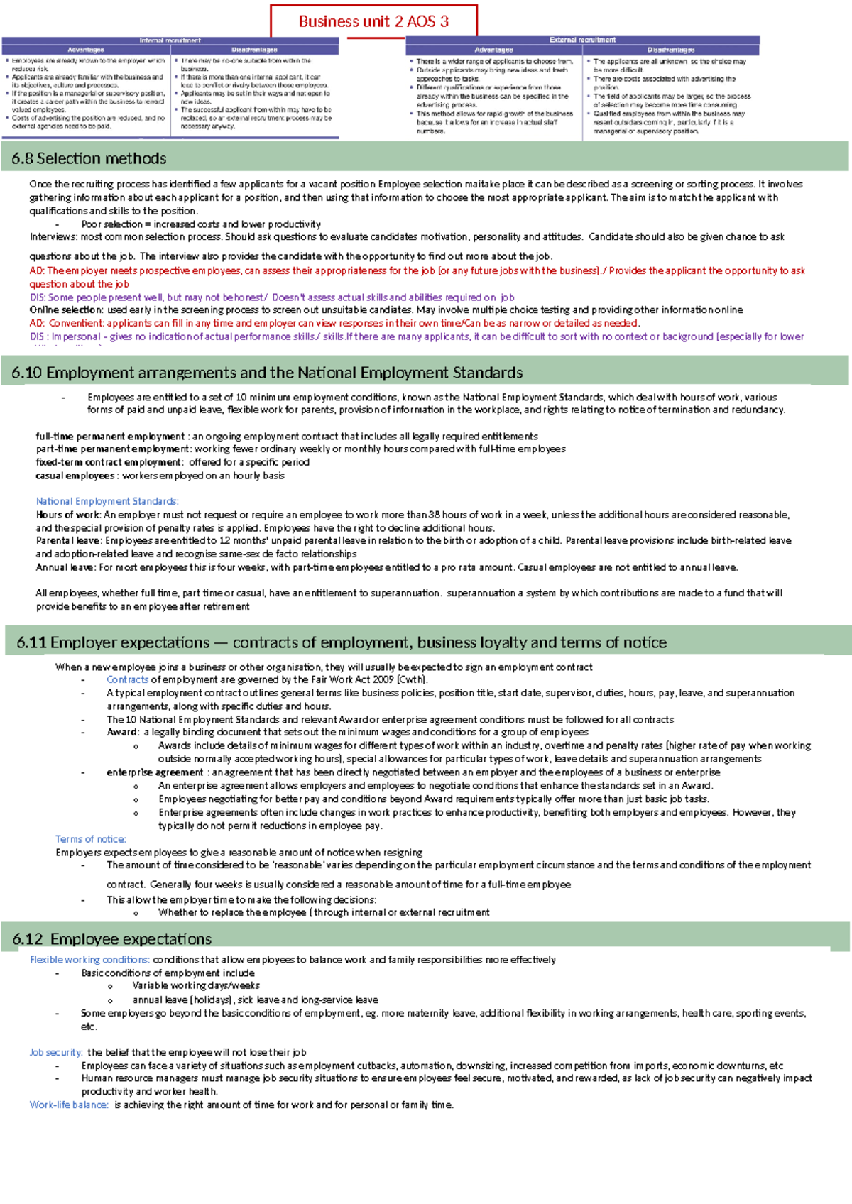 BUS301: Business Summary Sheet - Employee Selection & Standards - Studocu