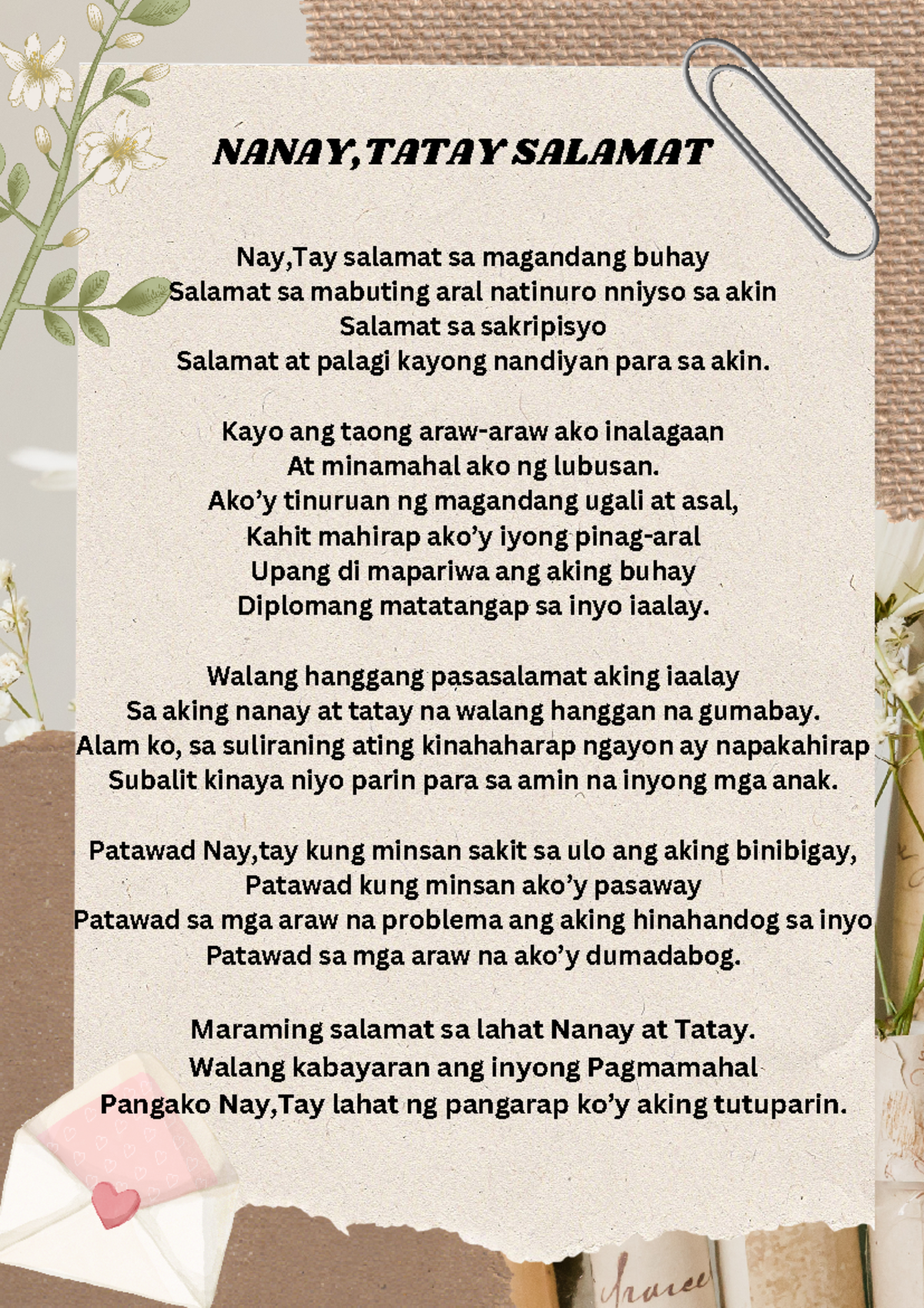 TULA: Pasasalamat para sa Nanay at Tatay na Inspirasyon - Studocu