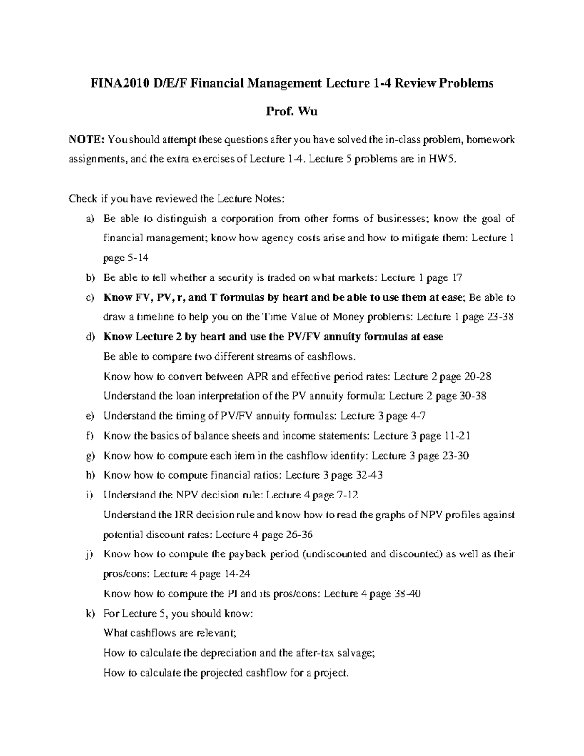 FINA2010 Financial Management Midterm Practice Solutions by Prof. Wu ...