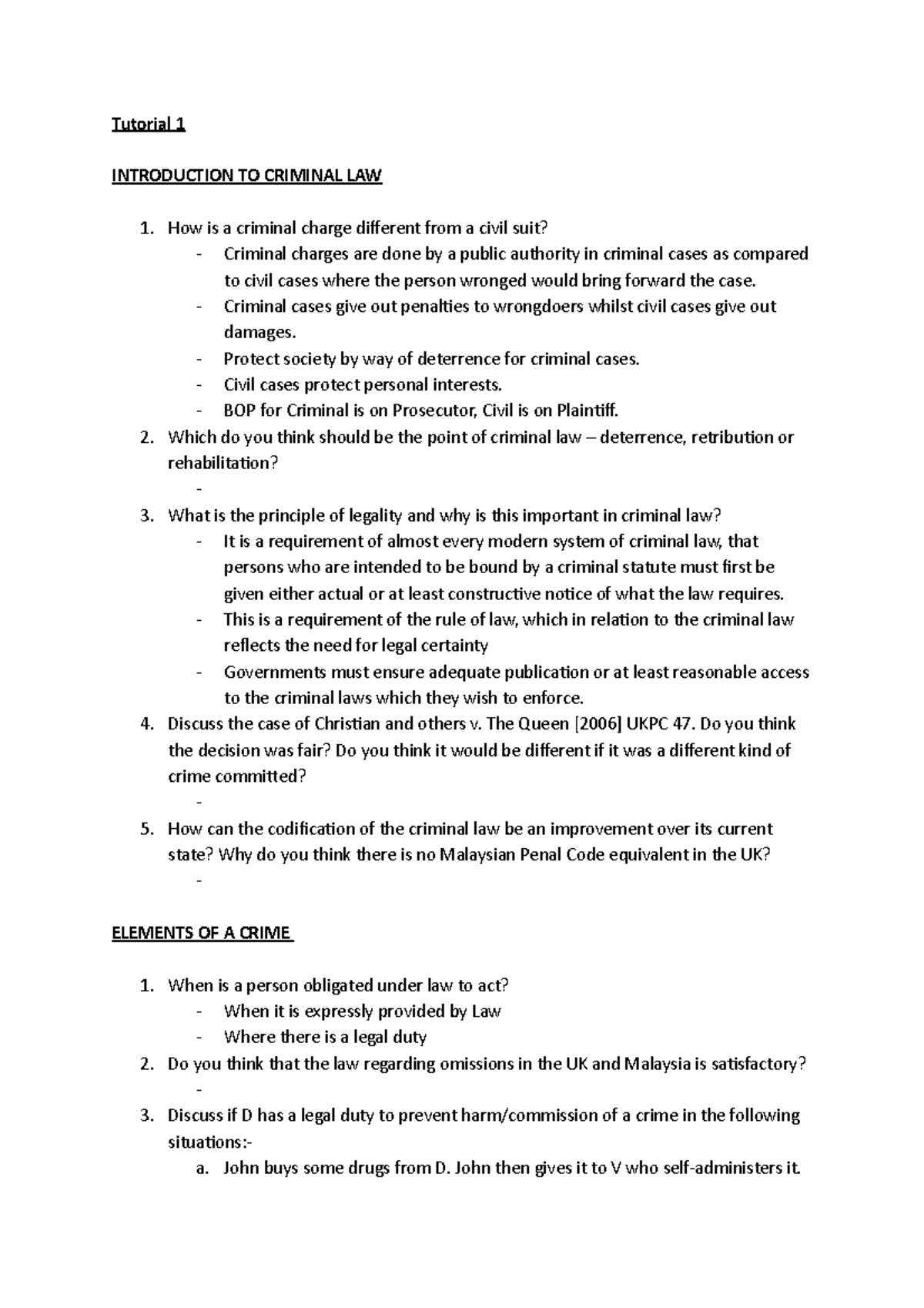 Criminal Law Tutorial Notes: Key Concepts & Case Discussions - Studocu