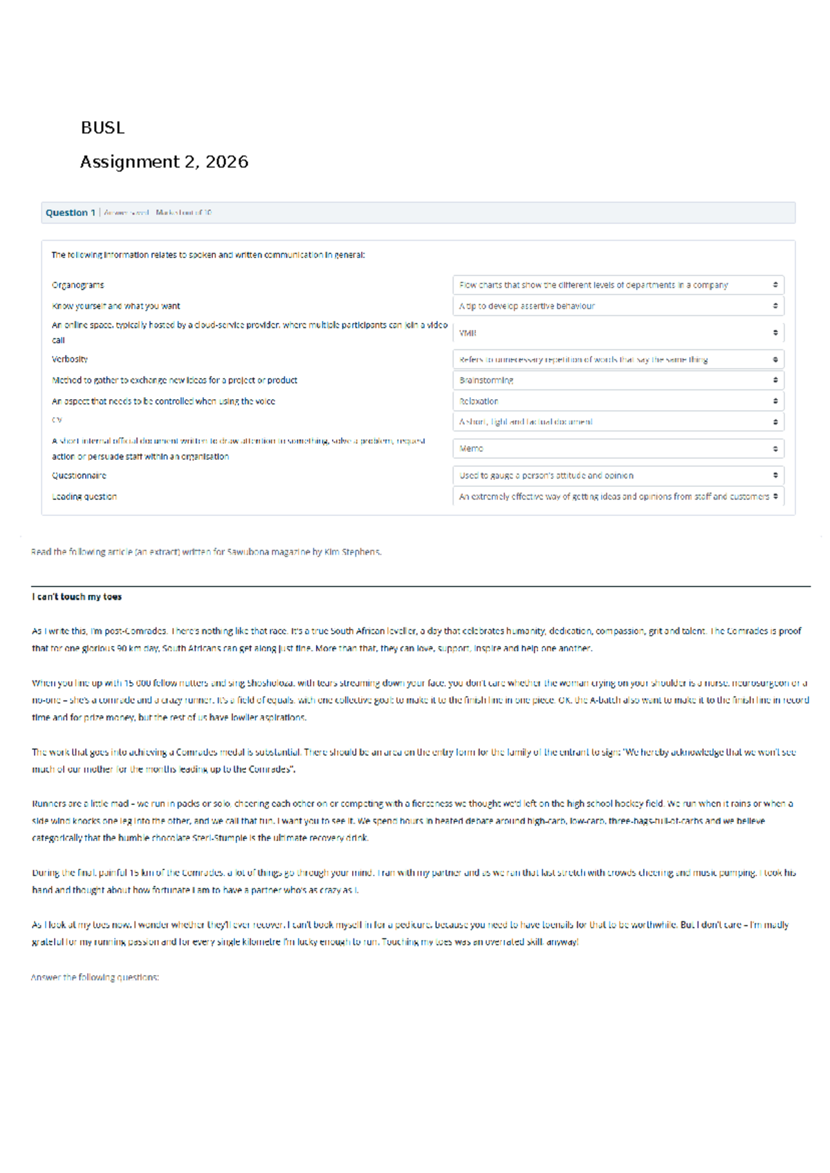 BUSL 2026 Assignment 2: Communication Analysis and Questions - Studocu