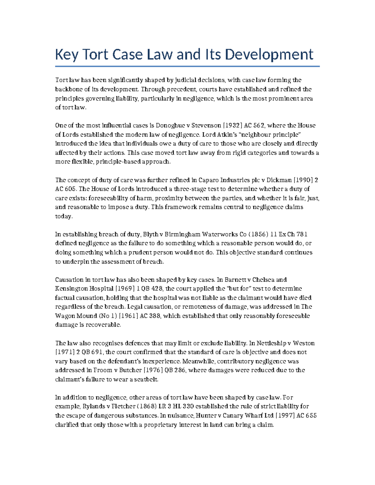 Tort Law Overview: Key Case Law Developments and Principles - Studocu